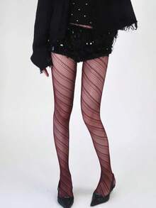 1 Paar Damen Mode Vintage gerippte transparente Strümpfe, dünne Anti-Snag Spitze Cut-Out-Muster Netzstrumpfhosen, Frühling/Sommer - Rot - Übersicht 1