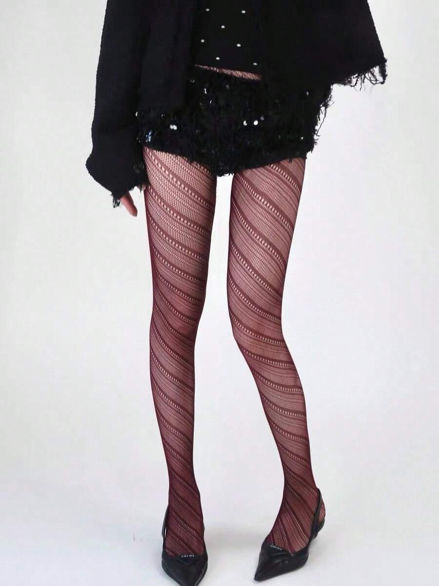 1 Paar Damen Mode Vintage gerippte transparente Strümpfe, dünne Anti-Snag Spitze Cut-Out-Muster Netzstrumpfhosen, Frühling/Sommer - Rot - Übersicht 1