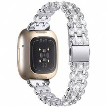 Correas de reloj de repuesto compatibles con Fitbit Versa 4/Sense 2 para mujeres, pulsera de joyería elegante de acero inoxidable, delgada, brillante, con cristales, elegante, correa de metal (plata) - Plateado - Ver 6