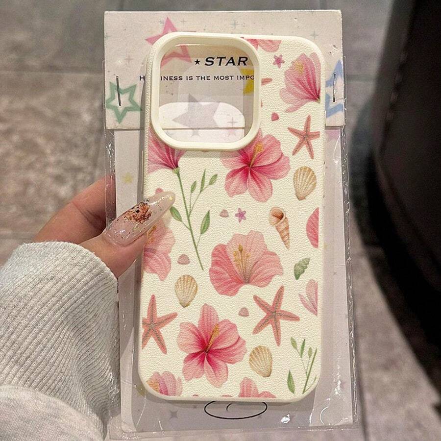 1pc TPU Material Pink Aquatic Plant & Hibiscus Ocean Element Pattern Phone Case Compatible With IPhone 17 Pro Max/17/16 Pro Max/15/13/12/11, S20 FE/A15/S24/A55, Redmi Note 11/12/13 Pro, Full Coverage Anti-Drop Soft Protective Phone Cover - White - View 1