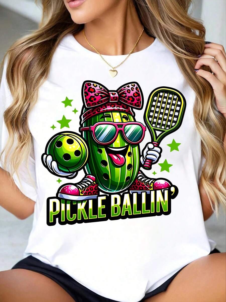 Women Round Neck T Shirt Pickleball Cucumber Character With Sunglasses And Racket Print Short Sleeve For Casual Summer Wear - trắng - Xem 1