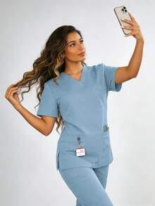 2pcs Women's Uniform - 4-Way Stretch V-Neck Top And Straight Leg Pants (8 Pockets), Fade-Resistant Hospital Scrubs, Street Fashion! - Baby Blue - View 1