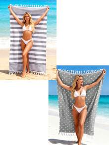 1件/2件套土耳其沙滩巾 - 39英寸 x 71英寸/99 x 180厘米 超大防沙速干轻便棉质沙滩巾，适用于海滩、浴室、游泳池、旅行、瑜伽、露营