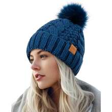 Women's Winter Pompom Beanie Warm And Cozy Knit Hat Fleece Lining Skull Cap For Women - 藍色 - 查看 8
