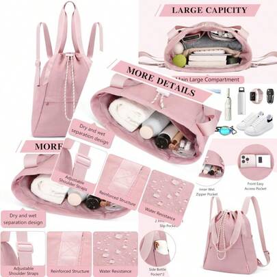 Drawstring Gym Backpack With Wet Pocket Gym Bag For Women Men Water Resistant Travel Tote Bags For Women Dawstring Sports Bag For Beach Swim Travel Workout Pink