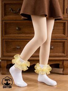1 par de calcetines cortos de algodón con volantes y estampado floral grande para niñas, calcetines elegantes de estilo princesa para atuendos de fiesta - Amarillo - Ver 8