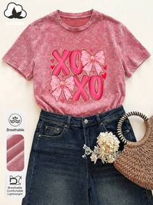 大码女式日常俏皮蝴蝶结图案圆领短袖休闲夏季女式水洗上衣，Xoxo字母图案情人节女式红色T恤 - 紅色 - 查看 5