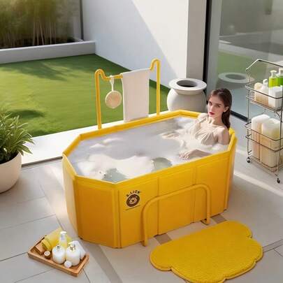 1 st bärbart U-format badkar, hopfällbar design för enkel användning och förvaring. Stor storlek: 114,5 x 61,8 x 49,8 cm, lämplig för 2 personer. Utrustad med handdukshängare och badrockshängare, tjock isoleringsdesign för att förlänga varmvattenanvändningstiden.