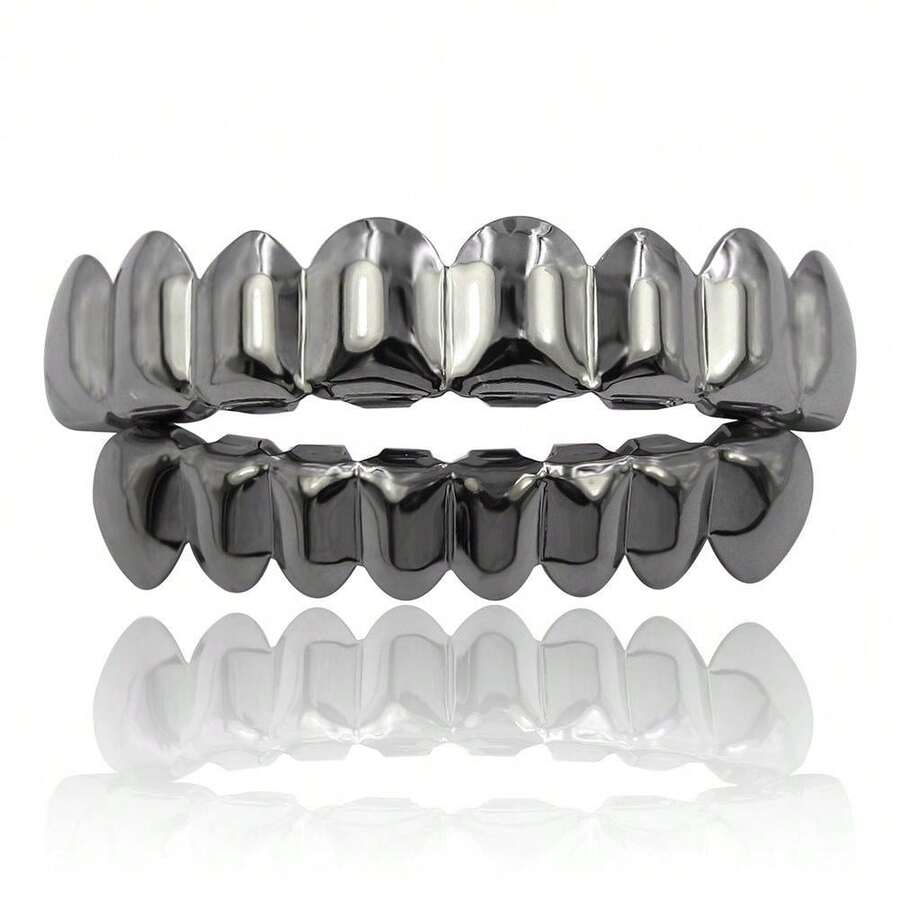 1 Piece Metallic Silver & Black Full Mouth Grille, 8-Tooth Upper & Lower Shiny Hip Hop Jewelry For A Bold &  Statement, Ideal For Parties, Work Events, Travel And Making A Stylish Impact - Bộ đồ đen súng - Xem 1