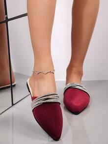 Women's Pointed Toe Slip-On Mules With Rhinestones, Fashionable And Elegant, Suitable For Spring And Summer - Red - View 3