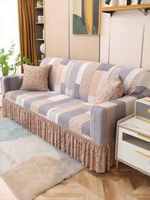 1pc Geometric Pattern Sofa Cover With Skirt Elasticity, Fully Wrapped Polyester Fiber Sofa Cover, Knitted Milk Silk, Suitable For All Seasons - Mauve Purple - View 7