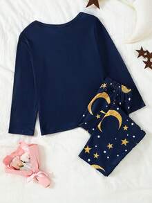 2件套 小女孩可爱月亮图案舒适长袖睡衣套装，藏蓝色 - 彩色 - 查看 2