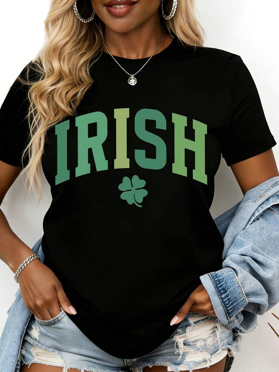 Irish T Shirt With Clover Design St Patrick Day Celebration Graphic Tee For Women Casual White Top Spring Summer Wear - 黑色 - 查看 1