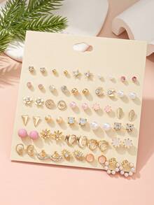 30pcs/Set Cute & Fashionable Women's Stud Earrings Set, Delicate Small Flower & Heart Shaped Creative Earrings, Suitable For Daily, Casual, Holiday Wear, Gift - Multicolor - View 2