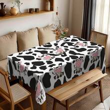 Toalha de mesa retangular de poliéster com estampa de vaca e animais de fazenda, ideal para piqueniques, decoração de festas e itens essenciais para decoração de feriados. - Multicolorido - Ver 5