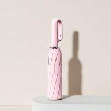 1 pieza Paraguas plegable automático, tela de poliéster a prueba de viento con resorte, mango personalizado con gancho, apertura/cierre con un solo botón, unisex