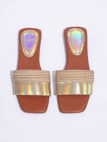 Girl's Laser Patchwork Casual Flat Slippers, Summer Holiday Style - Gold - View 3