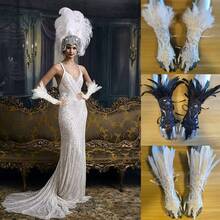 2pcs Gothic Style Feather Lace Cuff Fingerless Gloves Wristband Set, Suitable For Costumes, Stage Performance, Wedding, Swan Wings And Other Accessories