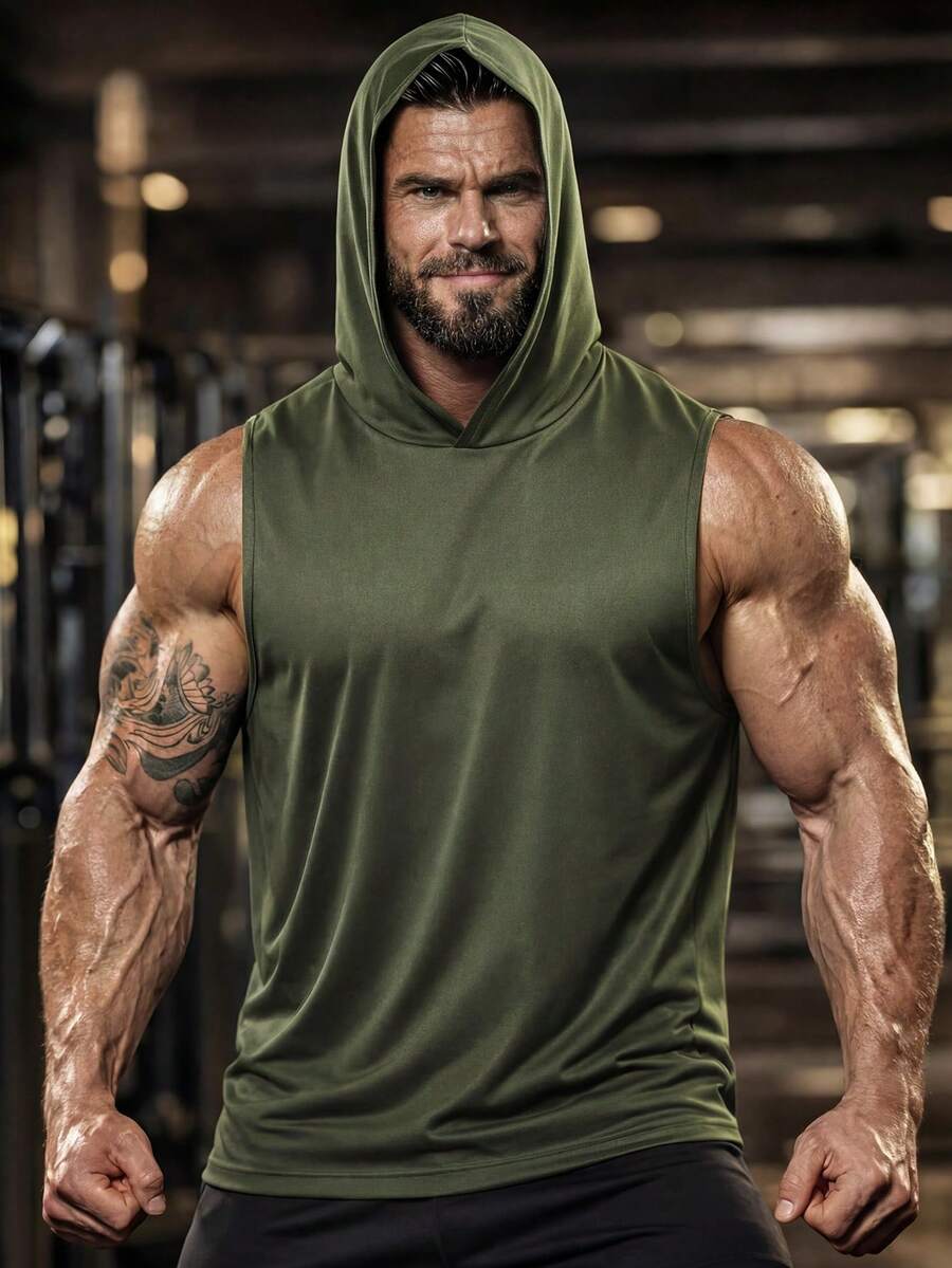 男士无袖连帽健身背心 肌肉锻炼训练健身背心 - 軍綠色 - 查看 1