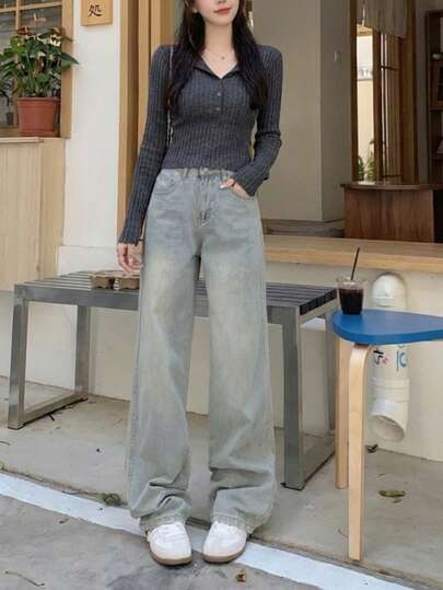 YEAE | Quần jeans ống rộng cạp cao màu xám nhạt dành cho nữ, kiểu dáng retro Mỹ mùa hè, quần ống suông rộng, quần suông.