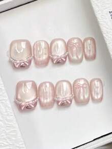 10pcs Pure Handmade Press On Nails Sweet Short Coffin-Shaped/Medium-Long Oval Blush Cat Eye Hand-Pressed Nail Patches, 3D Pink Bow Fake Nail Pearl French Nail Patches, Cute Summer Nail, Suitable For Weddings, Valentine's Day, Back-To-School Season And Daily Wear - Pink - View 2