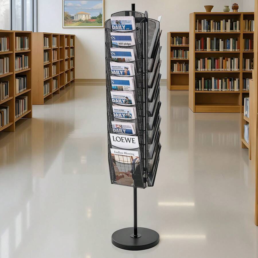 Rotating Brochure Display Rack, 30 Pockets Mesh Magazine Literature Display Stand, Portable Floor Standing Magazine Rack, Metal Newspaper Catalog Holders For Shop Exhibitions Office Trade Show - Base type 30 slots - 查看 1