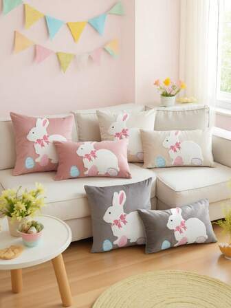 1 st. 3D färgglatt kanin- och äggbroderat plyschörngott, heminredning för vardagsrum, sovrum, fest, soffa, etc.