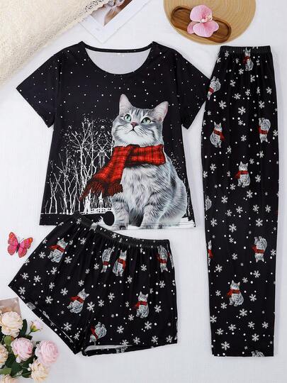[Livanti Pajamas]3pcs/Set Women's Sleepwear Set, Short Sleeve Top, Shorts & Pants, Round Neck Pullover, Comfortable & Loose Fit, Cat Print Pattern, Suitable For All Seasons