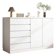 Gabinete Moderno De Madera: 5 Cajones,2 Puertas Multifunción - Blanco - Ver 2