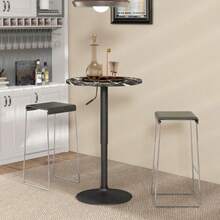 HOMCOM Bar Table, High Table, Round Dining Table For 2 People, Marble-Look Kitchen Table For Living Room, Dining Room, Small Spaces, Black, Ø60 X 68-93.5 Cm - Black - View 2