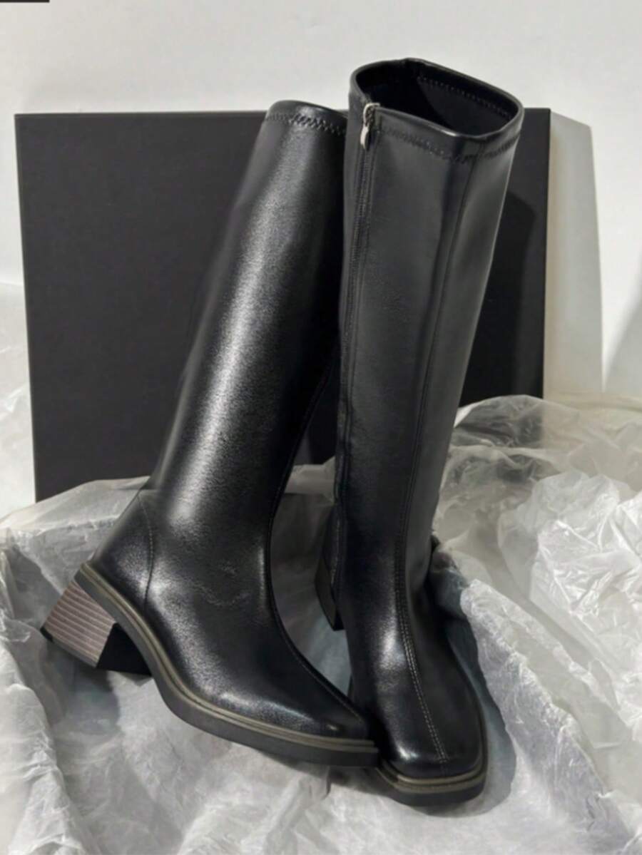 New Autumn/Winter Brown Over-The-Knee Chunky Heel Slim Boots, Classic Black Mid-Calf Riding Boots, Fashion Tall Boots For Women,Party - 黑色 - 查看 1