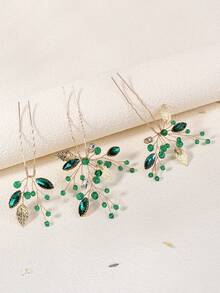 3pcs Emerald Crystal Gold Leaf Hair Clips, Vintage Rhinestone U-Shaped Bridal Hair Accessories, Suitable For Weddings And Galas - Multicolor - View 8