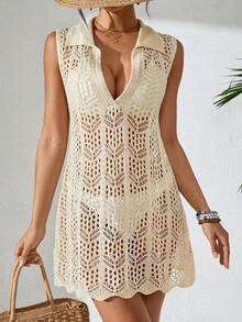 Cubrecuerpo de punto con cuello transparente y abertura lateral para mujer, ideal para vacaciones - Albaricoque - Ver 5