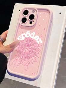 1pc New Creative Letter & Spider Web Pattern Phone Case Suitable For Apple 16 Pro Max, 11/12/13/14 Plus, XR/7/8 Plus/15 PM - Light Pink - View 3