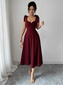 vestido para boda Vestido de cóctel elegante sin mangas con tirantes para mujer, fruncido y anudado con dobladillo midi acampanado para ocasiones elegantes. - Burdeos - Ver 1