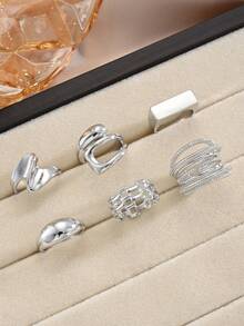 6件套极简复古硬币风格金属不对称几何叠戴戒指，适合日常佩戴、派对、生日、情人节送给女友的礼物（无包装盒） - 銀色 - 查看 6