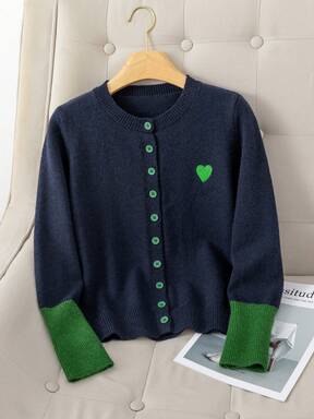 Stylish Colorblock Knit Cardigan Sweater Jacket For Women, Spring/Autumn/Winter, Soft & Cozy, Navy Blue, Heart Pattern Embroidery, Button Closure, Suitable For Casual & Home Wear