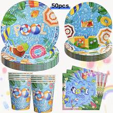 80/50-Piece Summer Pool Party Tableware Set, Birthday Party Tableware Set, Including Paper Cups, Paper Plates, And Napkins, For 20/10 People, Suitable For Wedding Receptions, Birthday Parties, Graduation Ceremonies, Back-To-School Celebrations, Holidays, Outdoor Camping, And Family Gatherings. - Multicolor - View 10