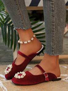 女士水钻方头玛丽珍拖鞋，休闲一脚蹬凉鞋，百搭优雅，春夏款 - 紅色 - 查看 9