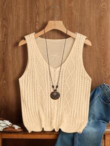 Fashionable Minimalist V-Neck Cable Knit Casual Vest - White - View 1