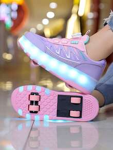 儿童/青少年四轮溜冰鞋，男孩/女孩LED可充电闪光溜冰鞋 - 粉色 - 查看 1
