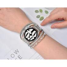 Boho Leather Bracelet For Samsung Galaxy Watch 8/7/6/5/4 Band 40mm 44mm Women, 20mm Handmade Multilayer Beaded Watch Bands For Watch 8 6 Classic 43mm/Watch 5 Pro/Watch4 Classic 42mm/Galaxy Active 2 - Infinite8-Silver - 查看 5