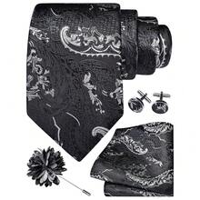 GUSLESON 8cm Paisley Tie Set For Men Necktie Lapel Pin Pocket Square Cufflinks Set For Men,Grey/White - Grey/White - View 1