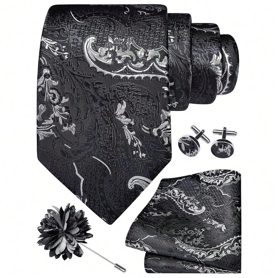 GUSLESON 8cm Paisley Tie Set For Men Necktie Lapel Pin Pocket Square Cufflinks Set For Men,Grey/White - Grey/White - View 1