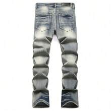 Jeans para hombres 2026 Vintage Punk Estilo juvenil Estampado bordado con parches decorativos Corte slim con elástico Pantalones de vaqueros de corte recto con efecto flare Jeans de moda para hombres de estilo retro de cintura alta cómodos - Azul - Ver 3
