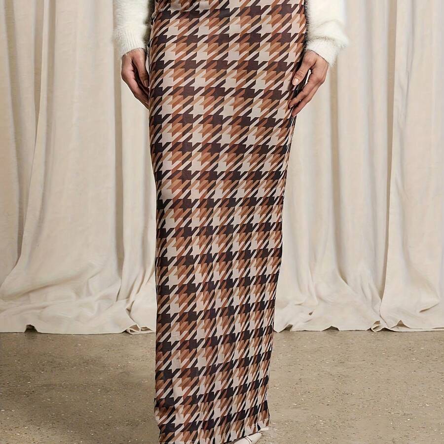 Women's Elegant Houndstooth/Argyle Plaid Skirt, Structured Fit, Machine Washable & Dry Cleanable, For Semi-Formal & Casual Wear, Brown/Beige/Tan, Winter Pants-Like Skirt, Versatile Fall/Winter Outfit (No Sheer Layers) - 卡其色 - 查看 1