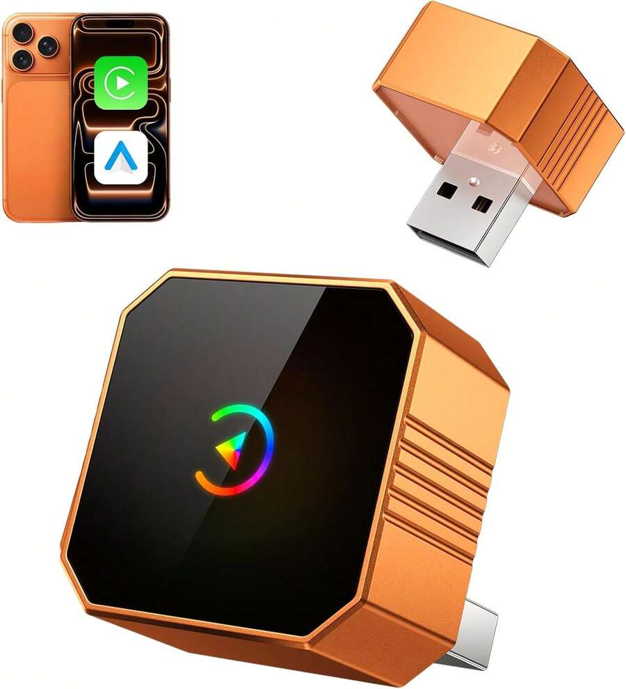 Adaptador inalámbrico CarPlay - Adaptador Android Auto, 2 en 1 de cableado a inalámbrico para CarPlay, tamaño mini Plug and Play, conexión estable, adaptador inalámbrico CarPlay sin retraso para Apple IOS 10+ Android 11+ - color naranja - Ver 1