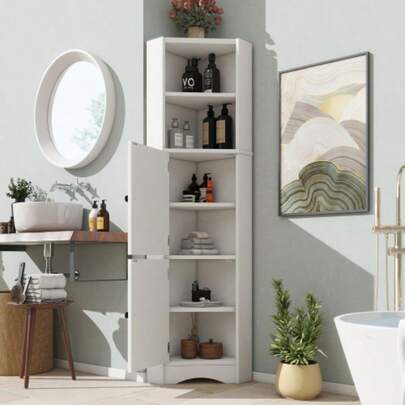 Dreieckiger Badezimmerschrank, Volllackierung, Zwei Offene Ablagefächer, Zwei Schranktüren, Verstellbare Trennwände, Einfache Form, White