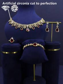 5pcs 18K Gold Plated Luxury Royal Style Maple Leaf Design Bridal Wedding Jewelry Set, Suitable For Daily Wedding Wear, Wedding Anniversary Gift (Gold Gift Box) - Maple Leaf Red Diamond Bride Set - View 4