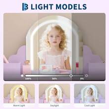 Tocador infantil con espejo y taburete iluminados, tocador y juego de maquillaje de madera para niñas pequeñas con luz LED ajustable, cajón de almacenamiento y estantes para niñas de 3 a 9 años. - Morado - Ver 4